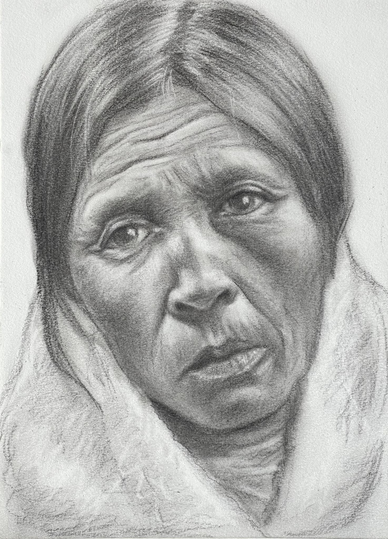Portrait of a Native American woman with somewhat large eyes and a lined face, wearing a high-collared animal-fur jacket.