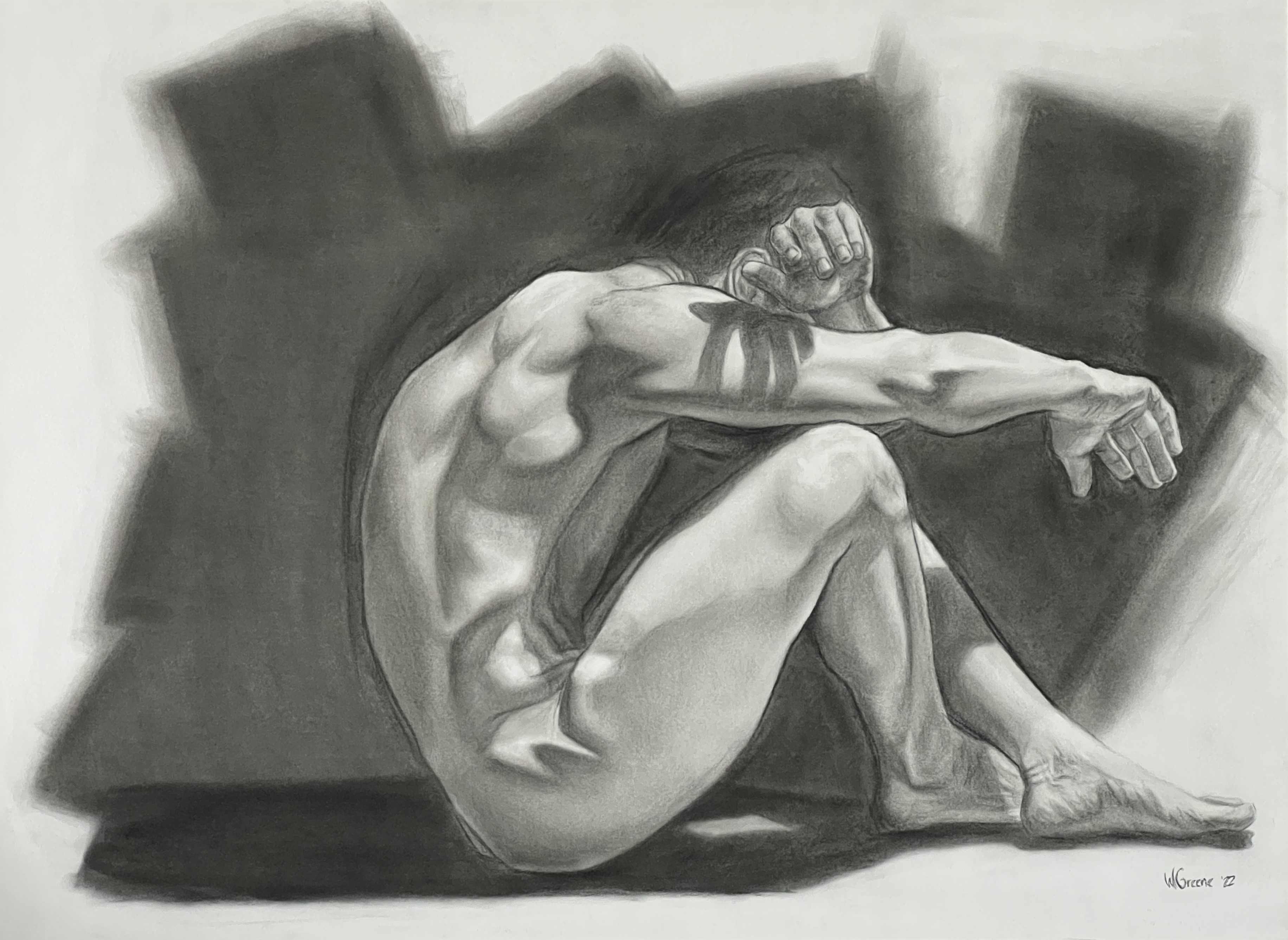 Charcoal drawing of a muscular man sitting on the ground with an arm across his face. Behind him abstract shadows are climbing up from the floor.