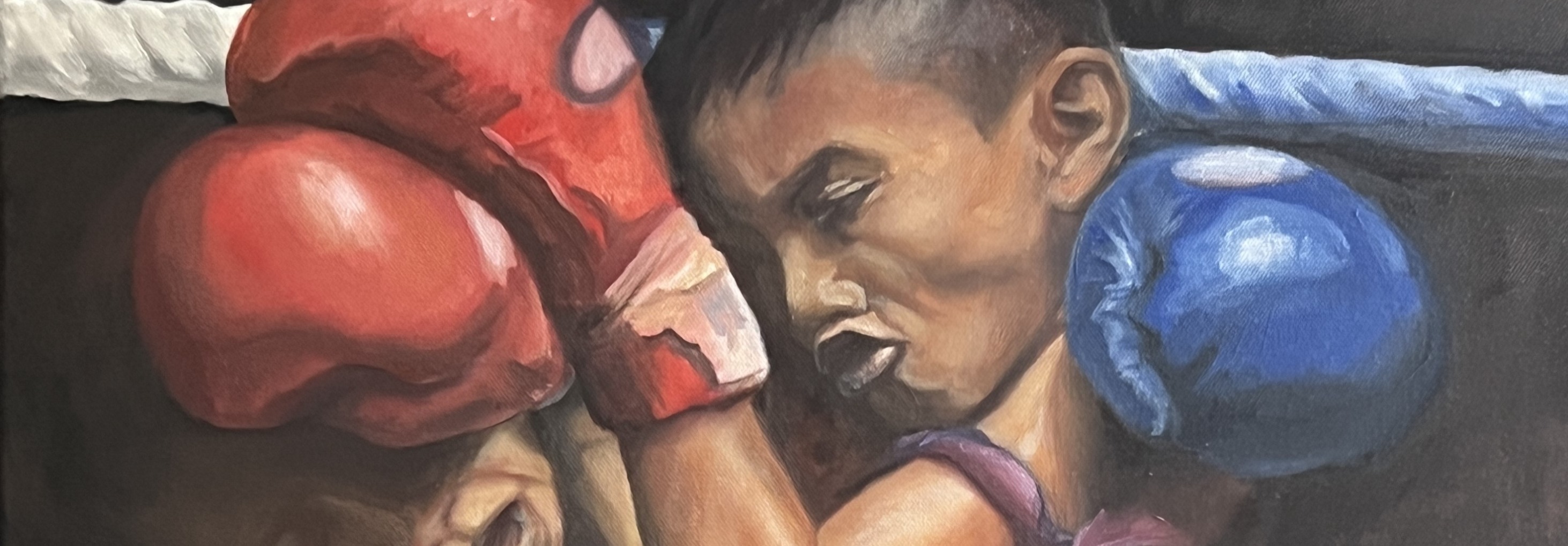 Oil painting of two young Muay Thai fighters locked in a clinch
