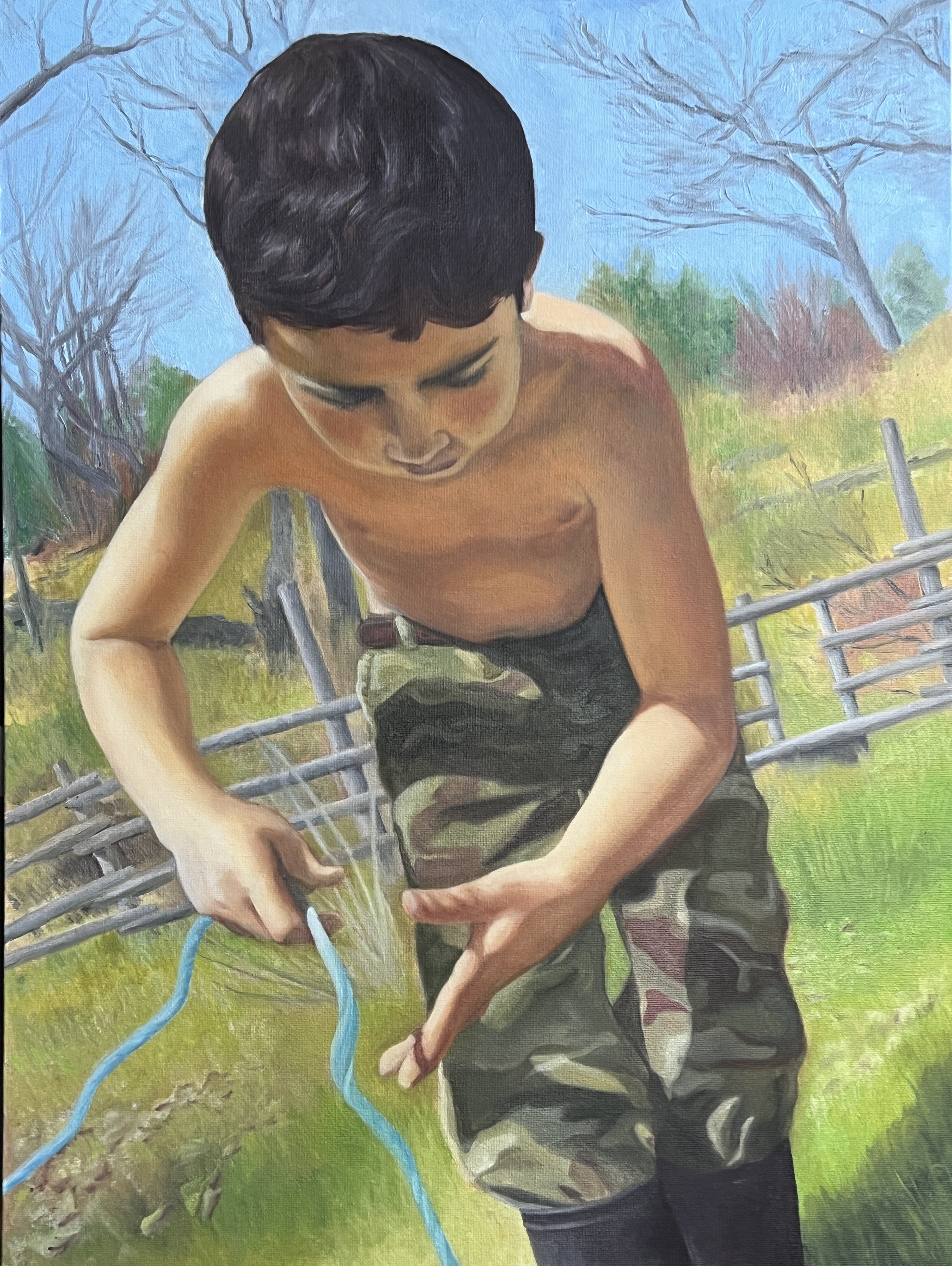 Oil painting of a young boy playing with a blue rope