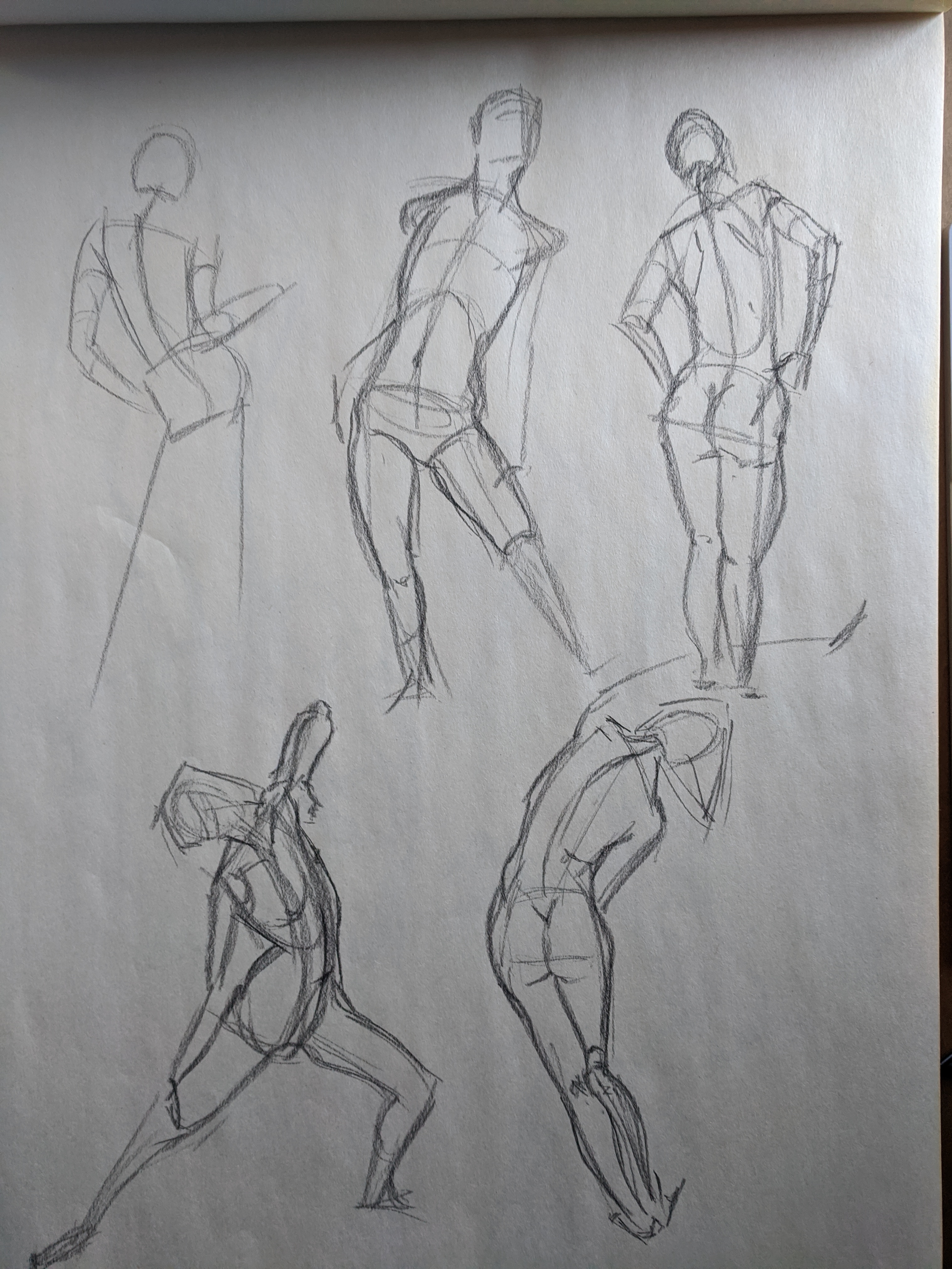 Graphite page with three standing and seated figure studies