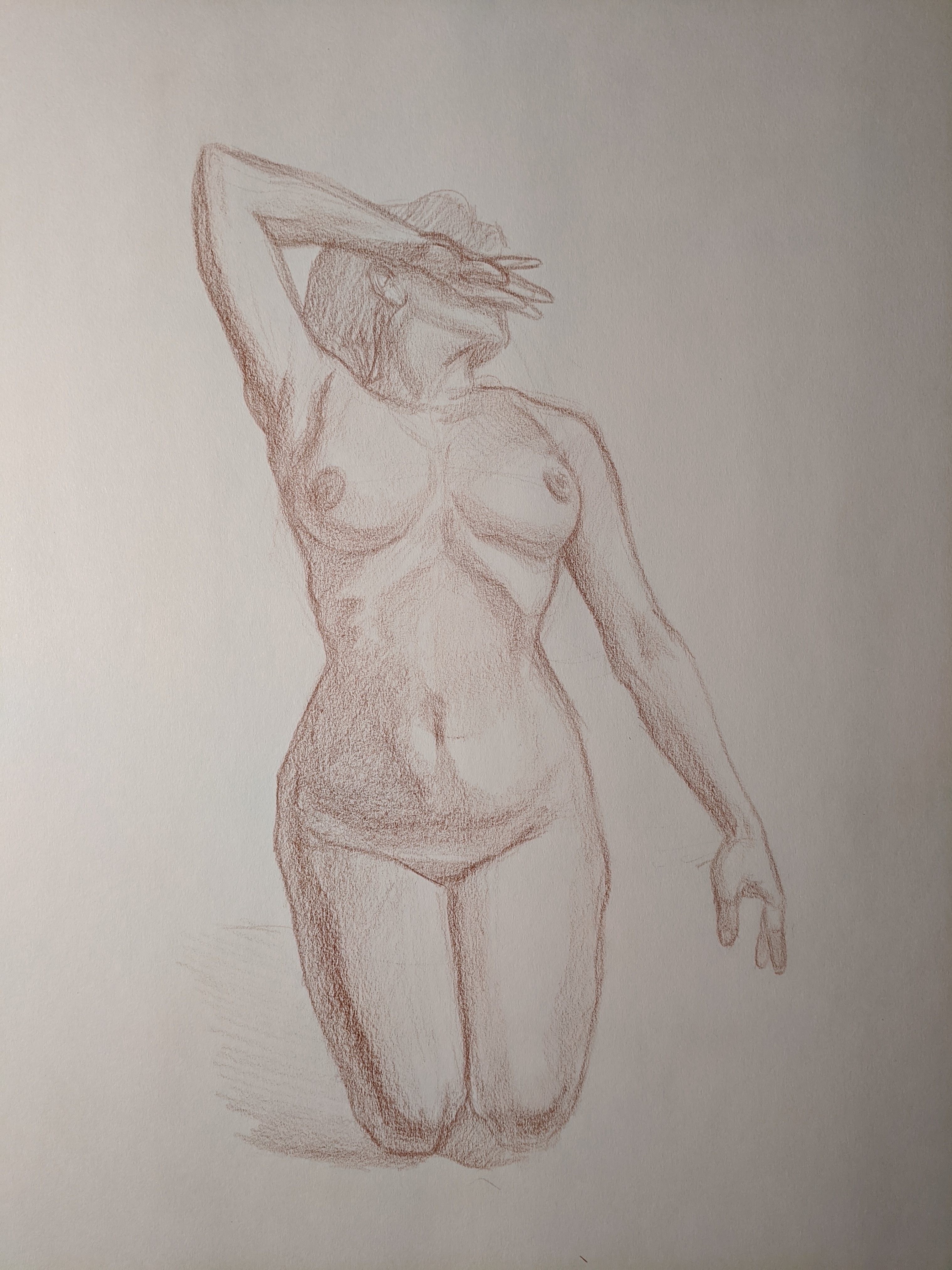 Red chalk studies of seated figures with raised arms